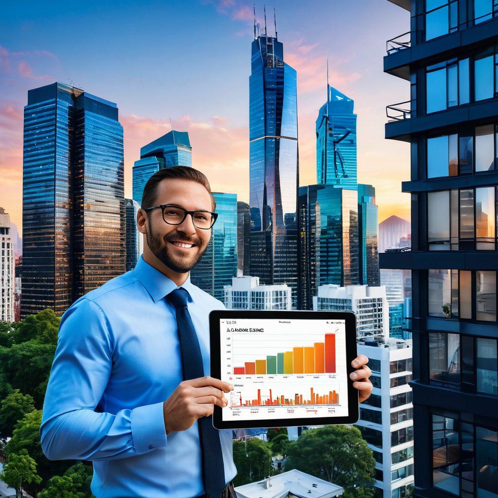 A dynamic city skyline filled with modern skyscrapers, showcasing 'For Sale' signs in front of diverse properties, including a stylish apartment and a cozy house. Include a confident real estate agent holding a tablet, analyzing market trends with vibrant graphs and charts floating in the air. The scene should convey a sense of opportunity and growth in the real estate market. super-realistic. vibrant colors. energetic atmosphere.