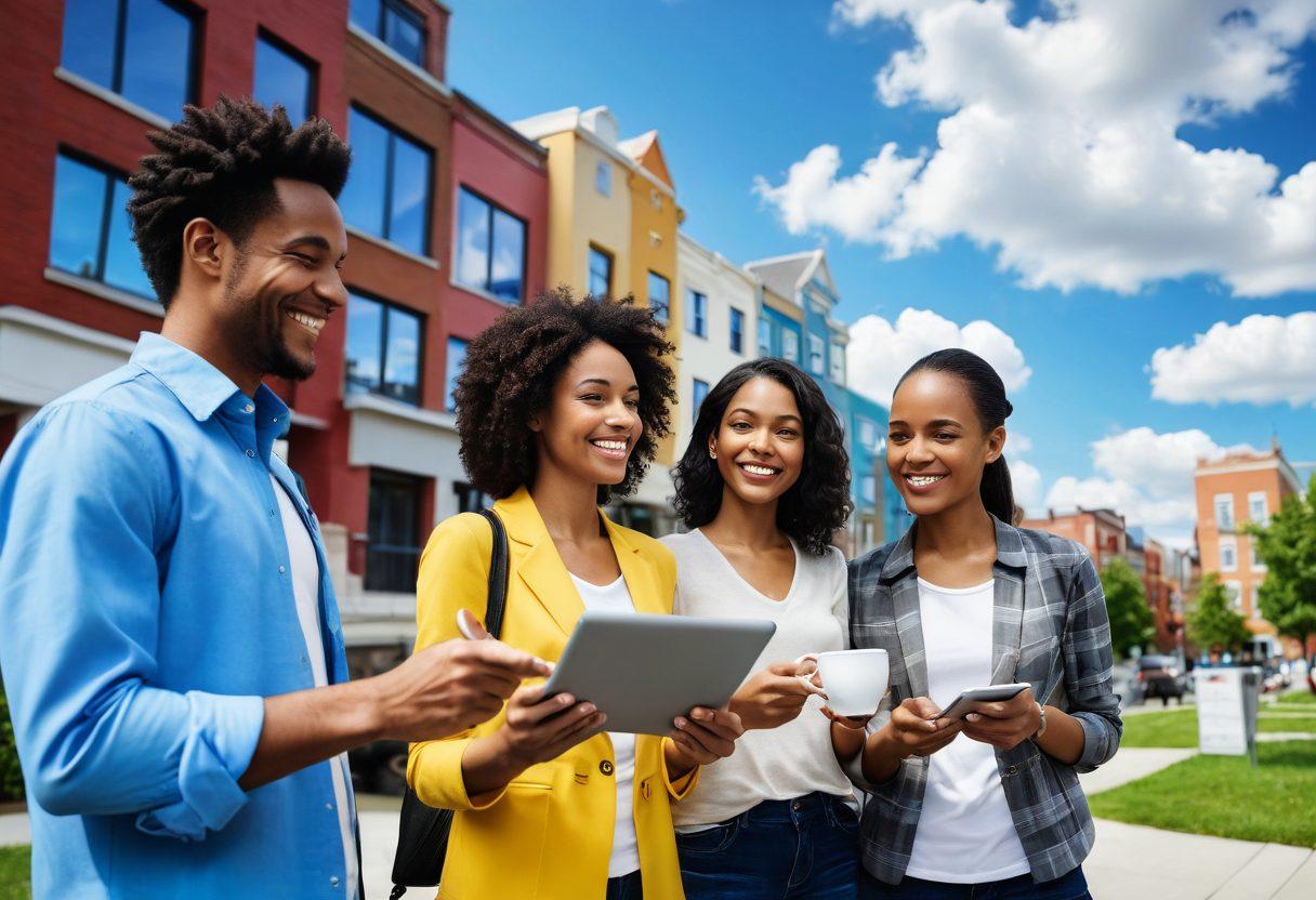 A diverse group of home buyers and renters exploring a modern cityscape with vibrant buildings, smiling and discussing their options. In the foreground, display essential tools like a tablet showing property listings, a 'For Sale' sign, and a coffee cup. The background reveals a bright blue sky with fluffy clouds, encapsulating the excitement of the real estate journey. Create a hopeful and dynamic atmosphere. super-realistic. vibrant colors. 3D.