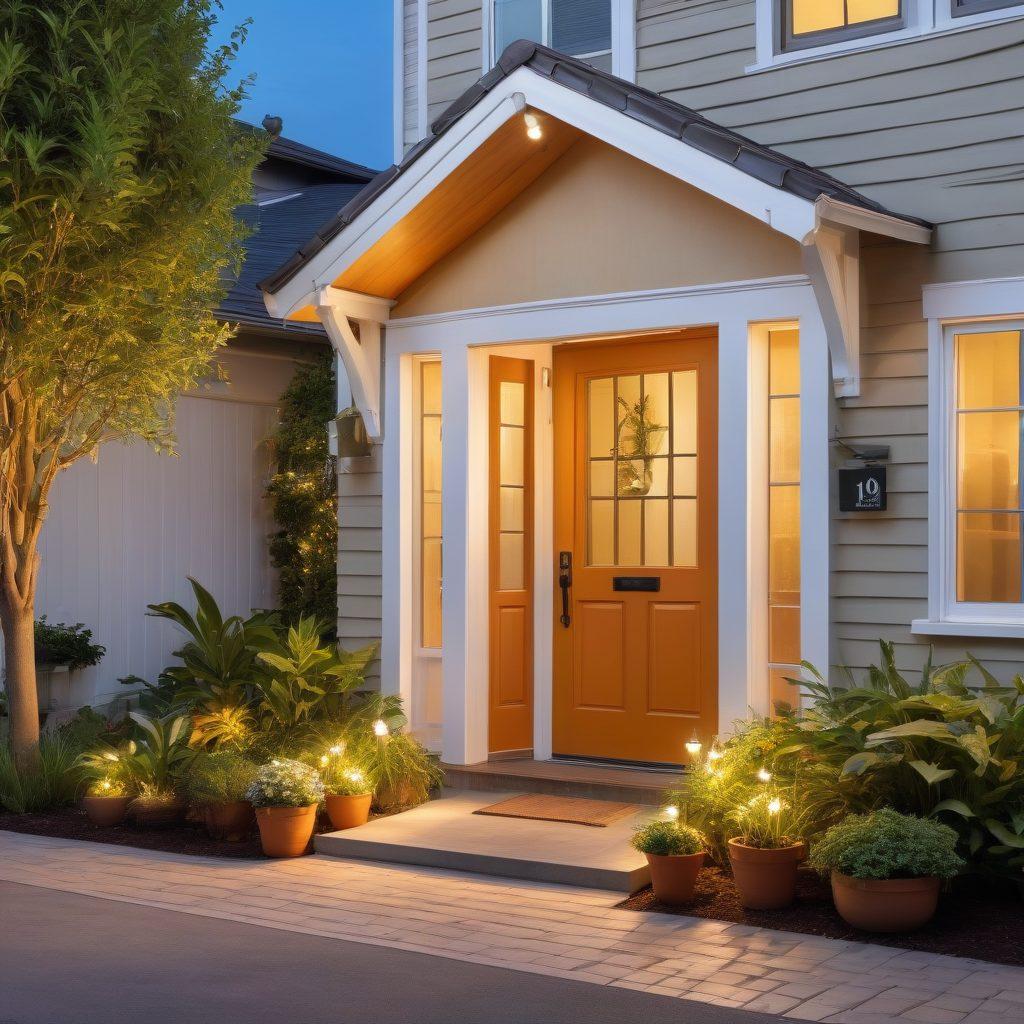 A cozy, welcoming front porch of a dream home adorned with beautiful plants and fairy lights, leading to an open door that hints at a spacious, light-filled interior. In the foreground, an inviting laptop displays various woningportals, showcasing real estate listings. The background features a charming neighborhood with trees and blue skies, symbolizing harmony and community. The overall atmosphere conveys warmth, aspiration, and accessibility to homeownership. super-realistic. vibrant colors. inviting atmosphere.